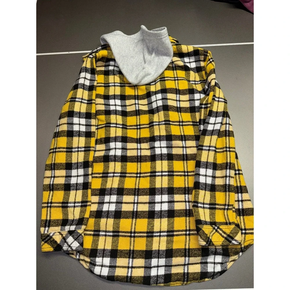 Yellow Plaid Sherpa Lined Hooded Flannel Jacket Zip Up‎ Layered Hoodie Shirt